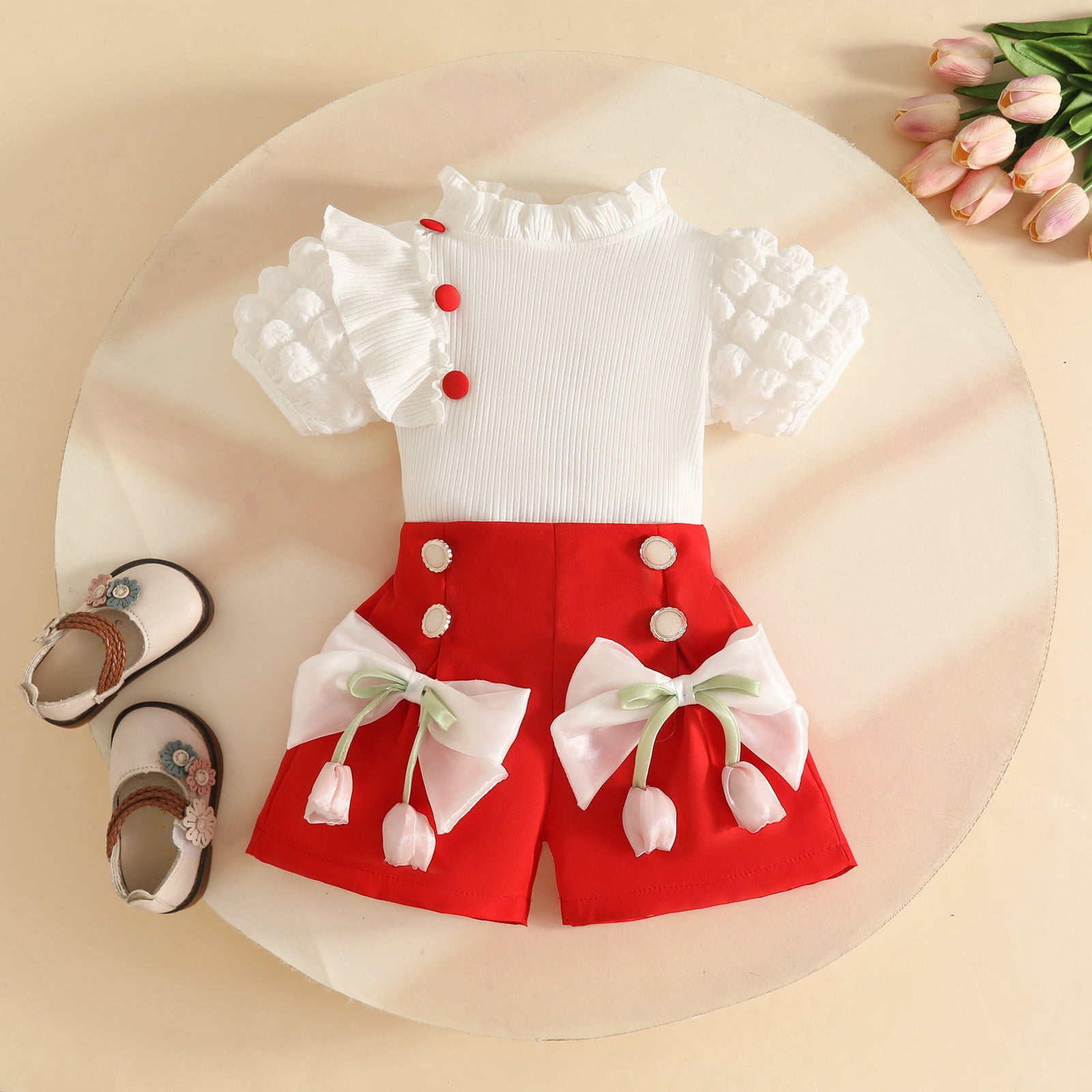 Short Ruffle Skrit XAOFW Girls Outfits Ruffles Short Sleeve Ribbed Tops Bowknot Floral ...