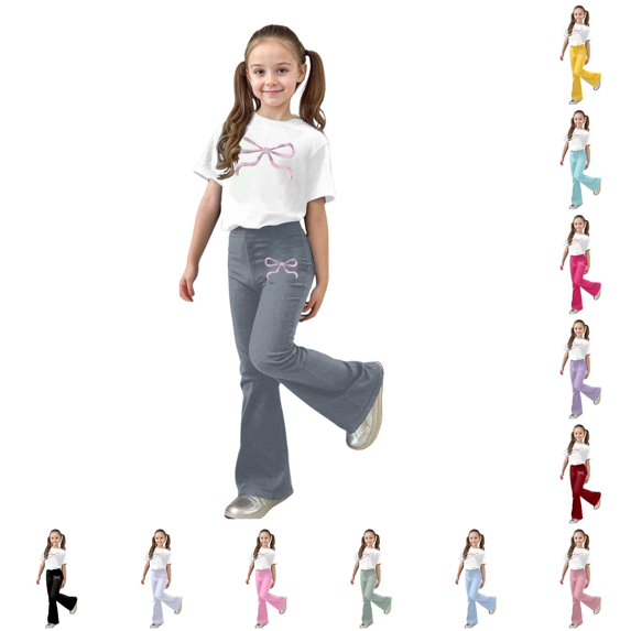 XAOFW Girls Outfits Short Sleeve Bowknot Graphic Tees Flared Pants Kids Girls Summer Autumn Cute Clothes Sets 9-10 Years