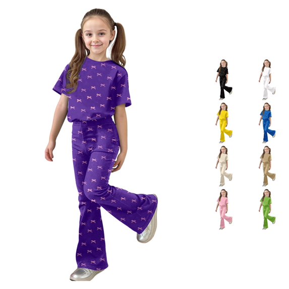 XAOFW Girls Outfits Short Sleeve Bowknot Print Tees Flared Pants Kids Girls Summer Autumn Cute Clothes Sets 11-12 Years