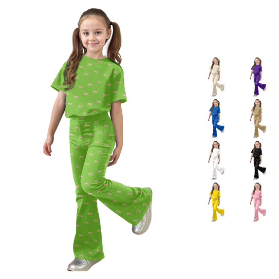 XAOFW Girls Outfits Short Sleeve Bowknot Print Tees Flared Pants Kids Girls Summer Autumn Cute Clothes Sets 7-8 Years
