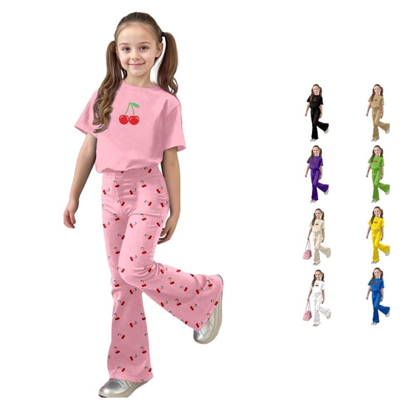XAOFW Girls Outfits Short Sleeve Cherry Graphic Tees Flared Pants Kids Girls Summer Autumn Cute Clothes Sets 8-9 Years