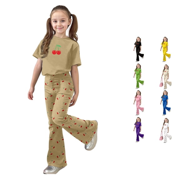 XAOFW Girls Outfits Short Sleeve Cherry Graphic Tees Flared Pants Kids Girls Summer Autumn Cute Clothes Sets 9-10 Years
