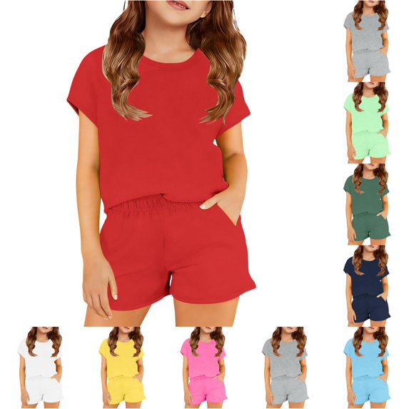 XAOFW Girls Outfits Short Sleeve Solid Color Top Shorts Toddler Kids Summer Casual Clothes Sets 13-14 Years