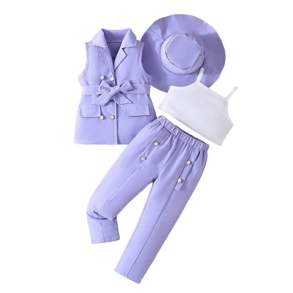 XAOFW Girls Outfits Sleeveless Botton Solid Color Notched Top Long Pants Matching Hat Formal Elegant Ensemble Toddler Kids Children Soft Cozy Leisure Casual Daily Wear Clothes Sets