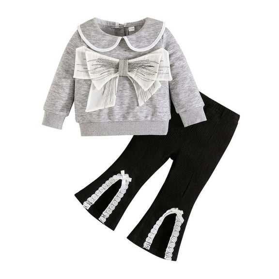 XAOFW Girls Outfits Tracksuits Sweatsuit Baby Autumn Long Sleeve Top Big Bow Flared Pants Two Piece Toddlers Turndown Collar Stylish Leisure Casual Daily Wear Clothing Sets