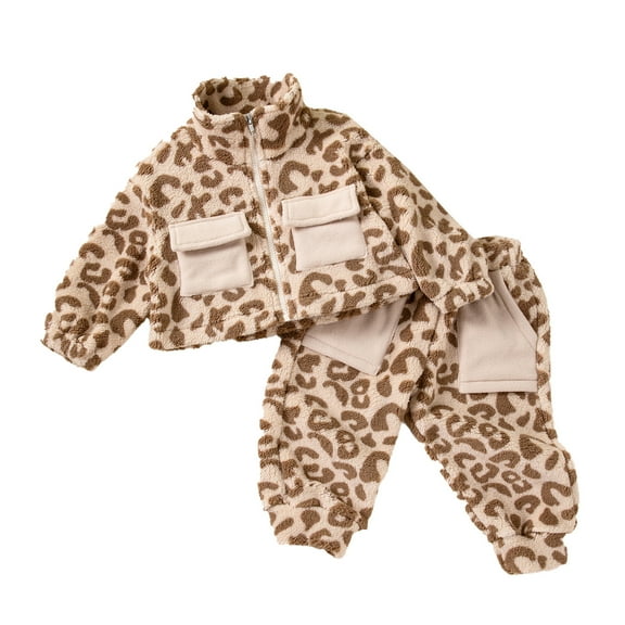 XAOFW Girls Outfits Winter 2 Piece Thickened Thermal Leopard Print Tracksuit Long Sleeve Zip Up Turtleneck Pants Cold Weather Soft Cozy Leisure Home Clothes Sets