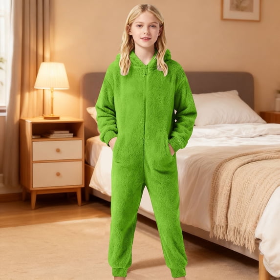 XAOFW Girls Romper Long Sleeve Zip Up Fuzzy Thickened Pajama Cozy Lined Jumpsuit Toddler Kids Fall Winter Casual Breathable Onesie