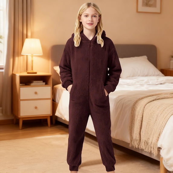 XAOFW Girls Romper Long Sleeve Zip Up Fuzzy Thickened Pajama Cozy Lined Jumpsuit Toddler Kids Fall Winter Everyday Wear Comfort Fit Onesie