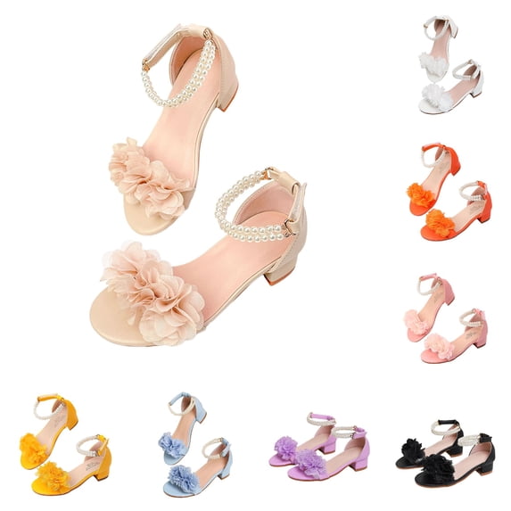 XAOFW Girls Sandals With Pearl Elegant Toe Loop Heeled Sandals For Kids Party Shoes For Girls Versatile Footwear 12.5-13 Years
