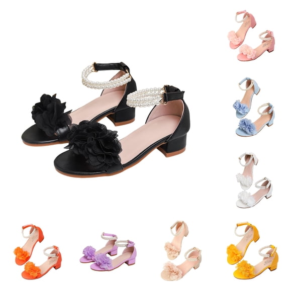 XAOFW Girls Sandals With Pearl Elegant Toe Loop Heeled Sandals For Kids Party Shoes For Girls Versatile Footwear 5-6 Years