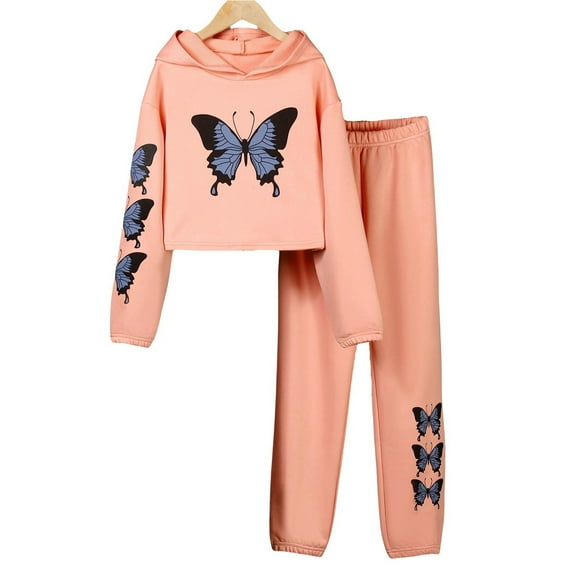 XAOFW Girls Set Butterfly Print Crop Top Hoodies Sweatpants 2 Piece Kids Jogger Long Sleeve Soft Cozy Casual Daily Wear Clothes Sets