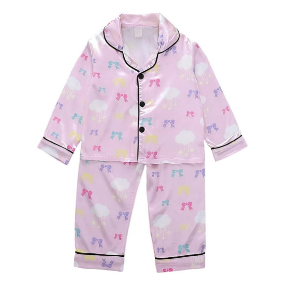 XAOFW Girls Set Long Sleeve Printed Two Piece Home Turndown Collar Breathable Cozy Holiday Vacation Outfits