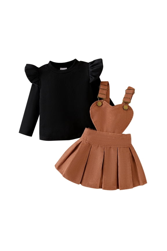 Girls Set Long Sleeve Top Solid Color Pinafore Dress Toddler Kids O-Neck Comfortable Breathable Daily Lounging Outfits