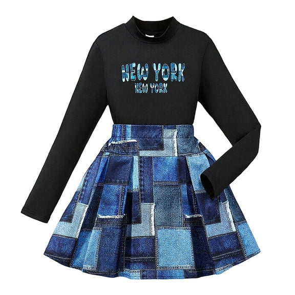 XAOFW Girls Set Winter Letter Print Top Colorful Denim Skirt Two Piece Coordinated Toddler Youth Long Sleeve O-Neck Comfortable Breathable Casual Daily Wear Outfits