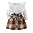 thumbnail image 1 of XAOFW Girls Sets Long Sleeve O-Neck Ribbed Solid Color Pullover Top Plaid Print Shorts Two Piece Toddler Playwear Comfortable Breathable Lovely Party Night Outfits, 1 of 7