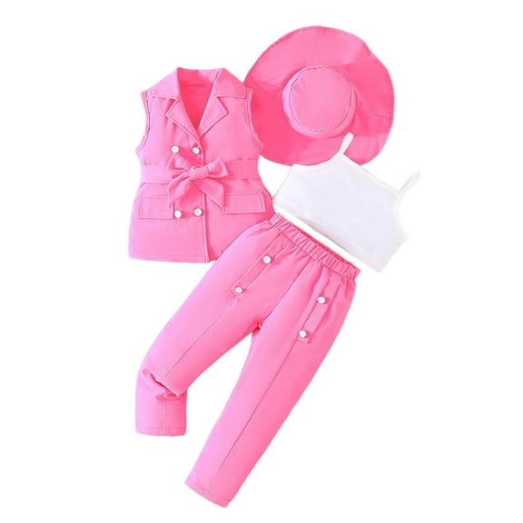 XAOFW Girls Sets Sleeveless Botton Solid Color Notched Top Long Pants Matching Hat Formal Elegant Ensemble Toddler Kids Children Stylish Casual Daily Lounging Outfits