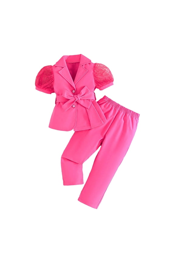 Girls Sets Two Piece Fashion Puff Sleeve Notched Blouse Mesh Sheer Solid Color Tailored Long Pants Toddlers Kids Comfortable Breathable Lovely Party Night Outfits