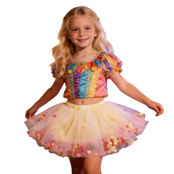 XAOFW Girls Skirts Carnival Ballerina Tutu With Colorful Pom Poms Carnival Party Dance Performance Soft Breathable Party Skirt