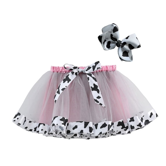 XAOFW Girls Skirts Carnival Tutu With Cow Print Bowknot Party Layered Flared Mini Toddler Kids Soft Breathable Party Skirt