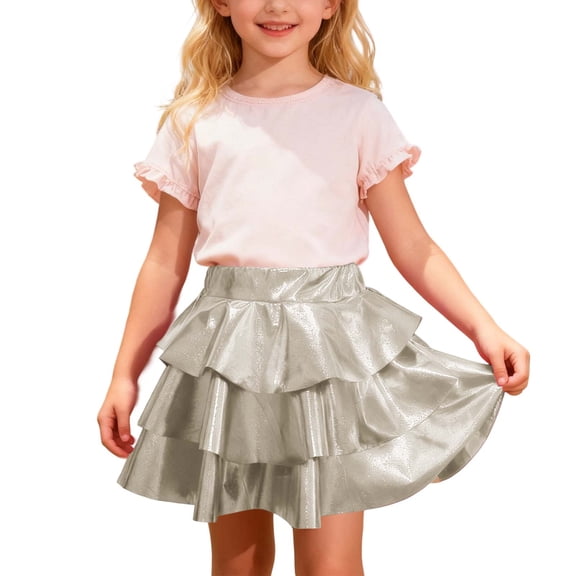 XAOFW Girls Skirts Glitter Tiered Cake Ruffle Hem Shiny Tutu Pleated Fashionable Cozy Club Party Skirt