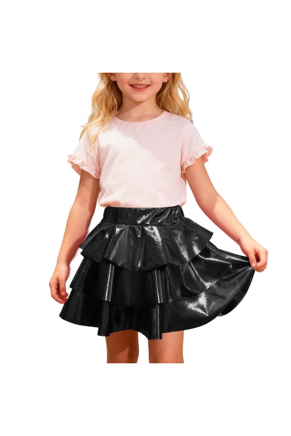 Girls Skirts Glitter Tiered Cake Ruffle Hem Shiny Tutu Pleated Soft Comfortable Party Night Skirt