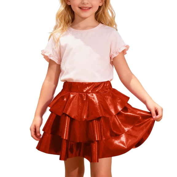 XAOFW Girls Skirts Glitter Tiered Cake Ruffle Hem Shiny Tutu Pleated Soft Comfortable Party Night Skirt
