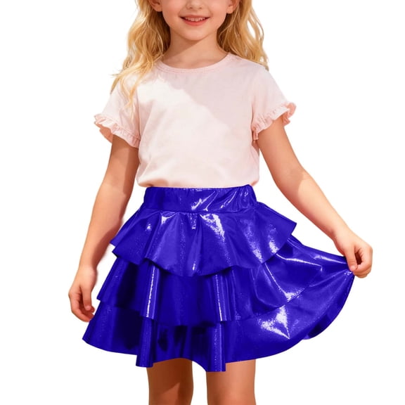 XAOFW Girls Skirts Glitter Tiered Cake Ruffle Hem Shiny Tutu Pleated Stylish Breathable Evening Party Skirt
