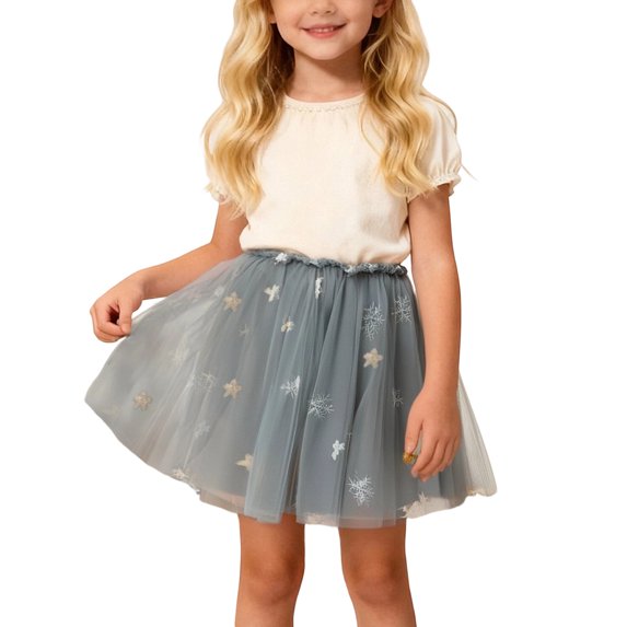 XAOFW Girls Skirts Kids Dance Ballet Ball Gown Snowflake Sequin Embroidered Mesh Stylish Breathable Evening Party Skirt