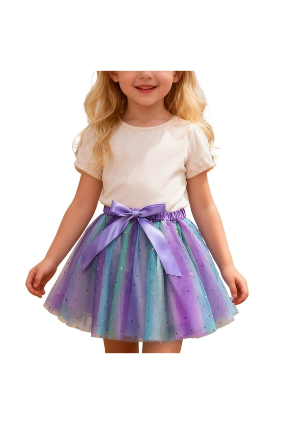 Girls Skirts Star Tutu Rainbow Sequin Trim Mesh Layer Dance Performance Play Up Ball Gown Fashionable Cozy Club Party Skirt