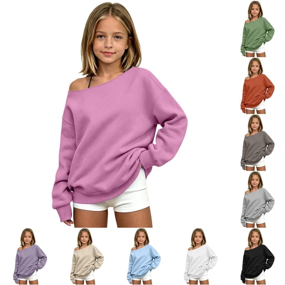 XAOFW Girls Solid Color Off The Shoulder Sweatshirts Cozy Long Sleeve Sweatshirts Relaxed Fit Knit Basic Pullover Trendy Top 3-4 Years