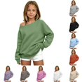 thumbnail image 1 of XAOFW Girls Solid Color Off The Shoulder Sweatshirts Cozy Long Sleeve Sweatshirts Relaxed Fit Knit Basic Pullover Trendy Tops 3-4 Years, 1 of 5