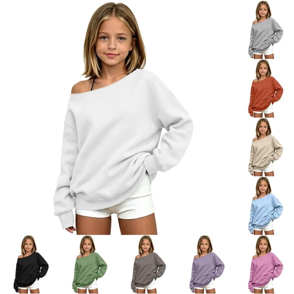 XAOFW Girls Solid Color Off The Shoulder Sweatshirts Cozy Long Sleeve Sweatshirts Relaxed Fit Knit Basic Pullover Trendy Tops 4-5 Years