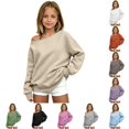 thumbnail image 1 of XAOFW Girls Solid Color Off The Shoulder Sweatshirts Cozy Long Sleeve Sweatshirts Relaxed Fit Knit Basic Pullover Versatile Tops 3-4 Years, 1 of 5