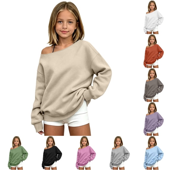 XAOFW Girls Solid Color Off The Shoulder Sweatshirts Cozy Long Sleeve Sweatshirts Relaxed Fit Knit Basic Pullover Versatile Tops 3-4 Years