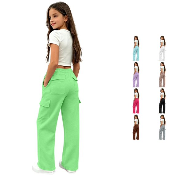 XAOFW Girls Solid Color Pants Drawstring Elastic Waist With Side Pockets Stretch Sweatpants Kids Back To School Athletic Pant Soft Bottom 13-14 Years