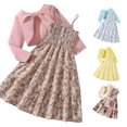 thumbnail image 1 of XAOFW Girls Spring Fall Outfits Sleeveless Floral Print Dress With Long Sleeve Cardigan Casual Party 2 Piece Sets Soft Clothes Sets 9-10 Years, 1 of 9