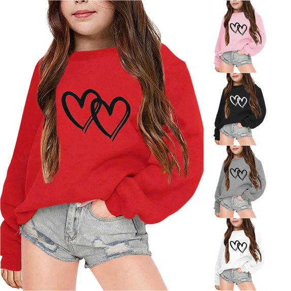 XAOFW Girls Sweatshirts Heart Printed Long Sleeve Crew Neck Hoodless Sweatshirts Loose Fit Fashion Pullover For Autumn Winter Stylish Tops 9-10 Years