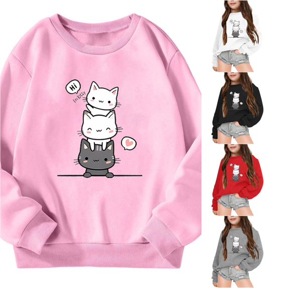 XAOFW Girls Sweatshirts Long Sleeve Crew Neck Cartoon Printed Hoodless Sweatshirts Loose Fit Fashion Pullover For Autumn Winter Versatile Top 7-8 Years