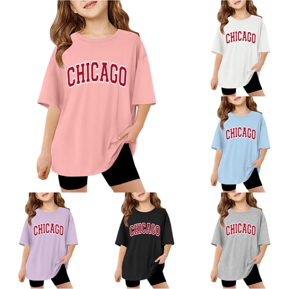 XAOFW Girls T Shirt Short Sleeve Crewneck Letter Graphic Tees Kids ...