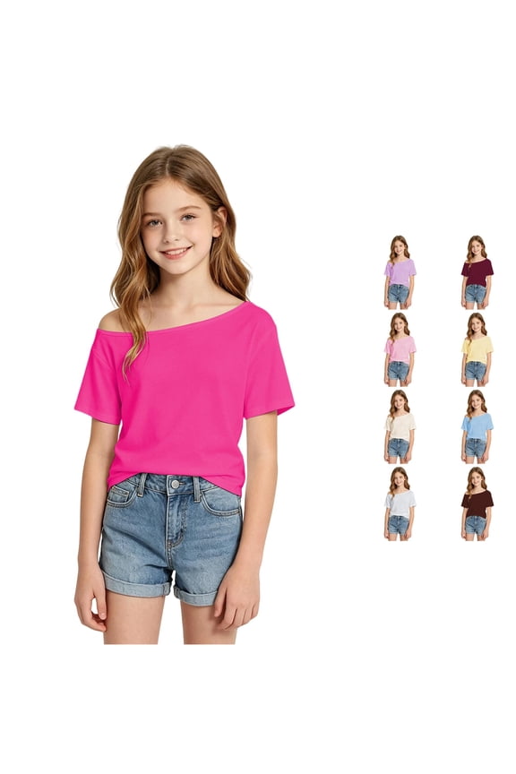 Girls T Shirts Solid Color Short Sleeve One Shoulder Tee For Kids Casual Everyday Wear Lightweight Knit Breathable T-Shirt Stylish Top 9-10 Years