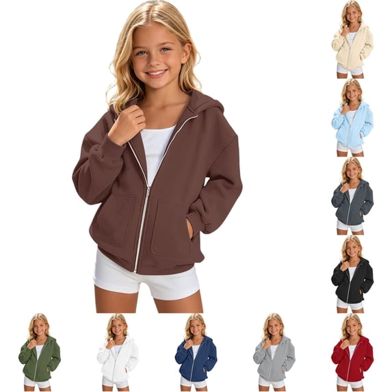XAOFW Girls Zip Up Hoodies Long Sleeve Solid Color Hooded Sweatshirt Soft Lightweight Pullover With Front Pockets For Kids Back To School Season Trendy Tops 8-9 Years