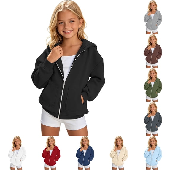 XAOFW Girls Zip Up Hoodies Long Sleeve Solid Color Hooded Sweatshirt Soft Lightweight Pullover With Front Pockets For Kids Back To School Season Versatile Tops 12-13 Years