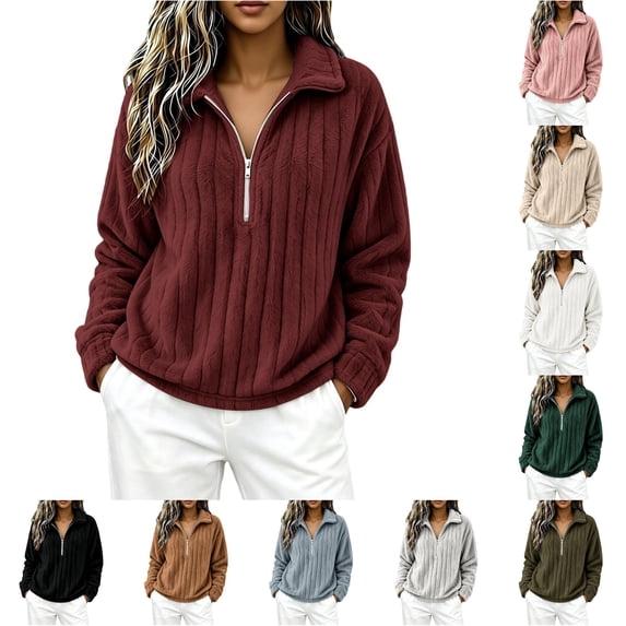 XAOFW Half Zip Sweatshirts For Women Long Sleeved Turndown Collar Loose Fitting Casual Warm Pullover Sweatshirts Stylish Top XXL