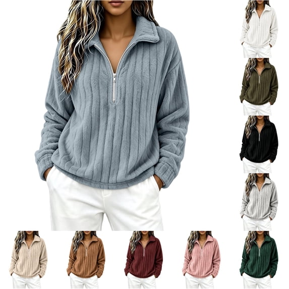 XAOFW Half Zip Sweatshirts For Women Long Sleeved Turndown Collar Loose Fitting Casual Warm Pullover Sweatshirts Trendy Tops S