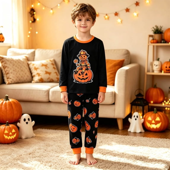 XAOFW Halloween Boys Pajamas Pumpkin Print Long Sleeve Tops Pants Toddler Kids Fall Winter Relaxed Fit Nightwear Sleepwear Sets