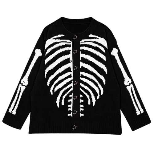 XAOFW Halloween Cardigan Sweaters For Women Skeleton Print Button Up Cardigans Womens Fall Winter Warm Knit Tops,Size L