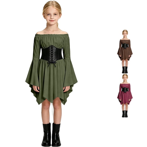 XAOFW Halloween Costumes For Girls High Waist Asymmetrical Ruffled Dresses With Belt Dress Up Outfits Toddler Kids Holiday Party Soft Clothes Sets
