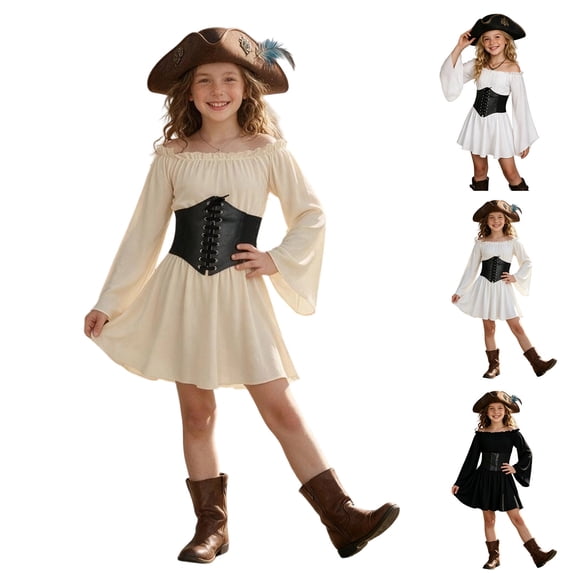 XAOFW Halloween Costumes For Girls Off Shoulder Beller Sleeve Ruffle Dresses With Belt Dress Up Outfits Toddler Kids Holiday Party Cozy Clothing Sets