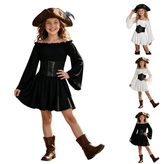 XAOFW Halloween For Girls Off Shoulder Beller Sleeve Ruffle Dresses With Belt Dress Up Outfits Toddler Kids Holiday Party Comfortable Clothing Sets