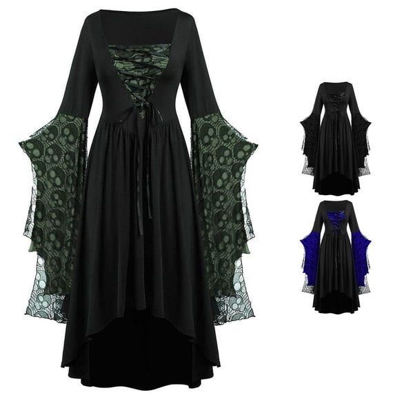 XAOFW Halloween For Women Skeleton Print Long Sleeve Gothic Dresses Retro Renaissance Lace Dress Maxi Dress For Dress Up Party,Size M